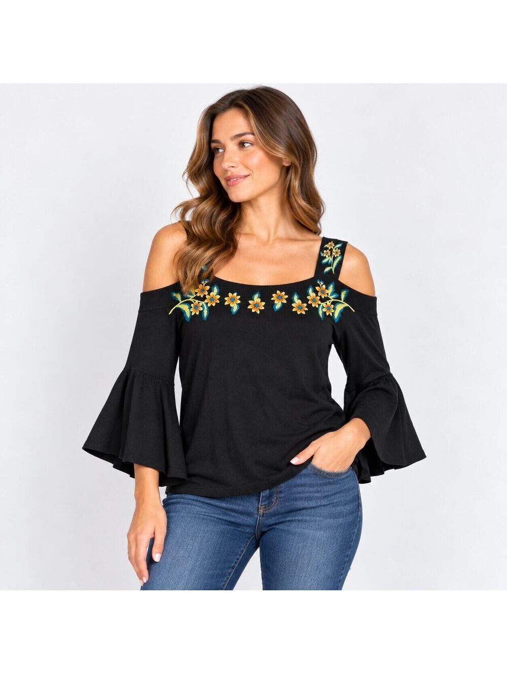 INC International Concepts XL Black Floral Embroidered Cold Shoulder Top